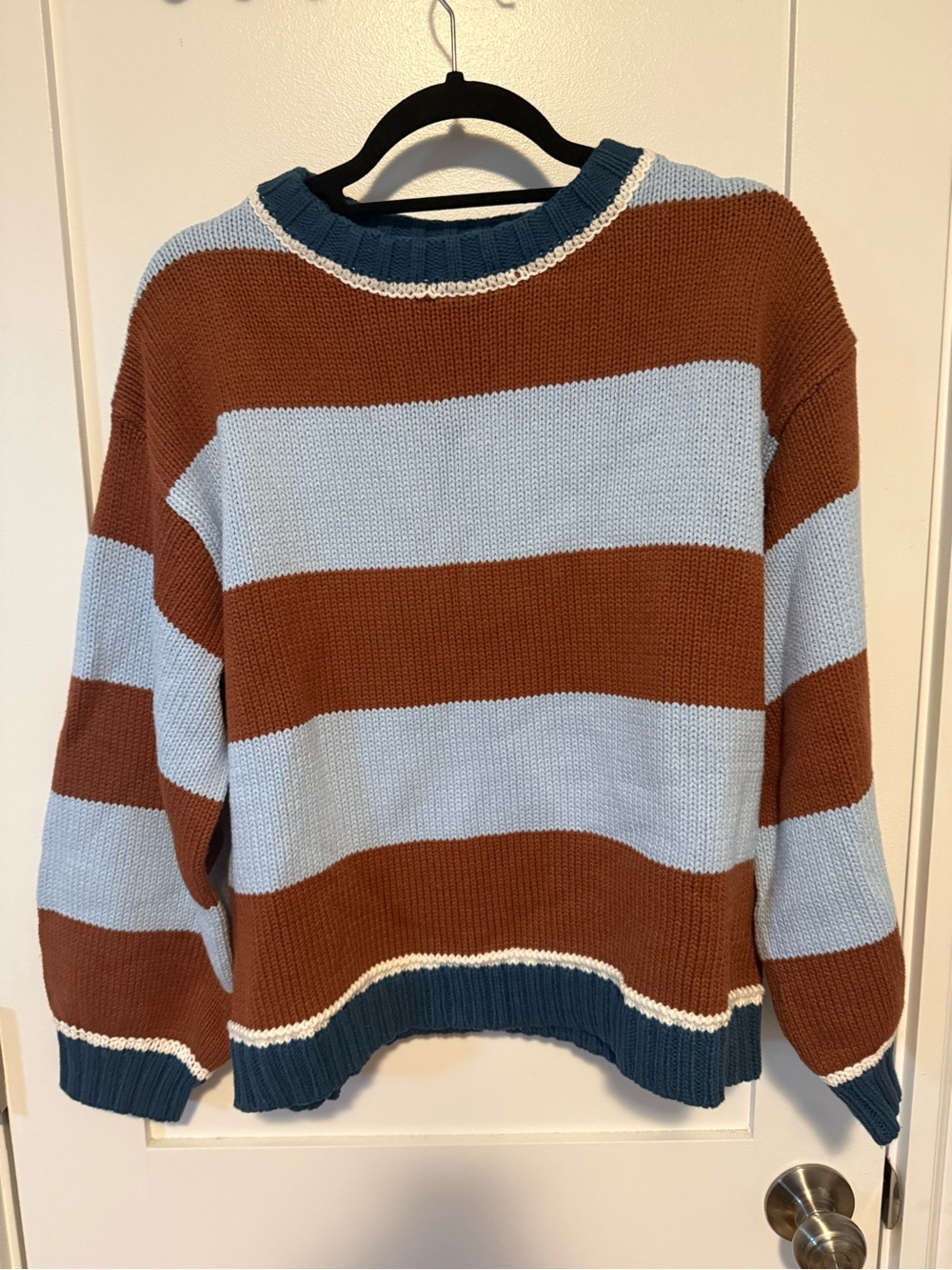 Women's Striped Crewneck Sweater in Brown and Light Blue